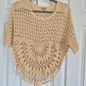 One World Crochet Knit Poncho Top Cream Beige Boho Medallion PS‎ Whimsigoth